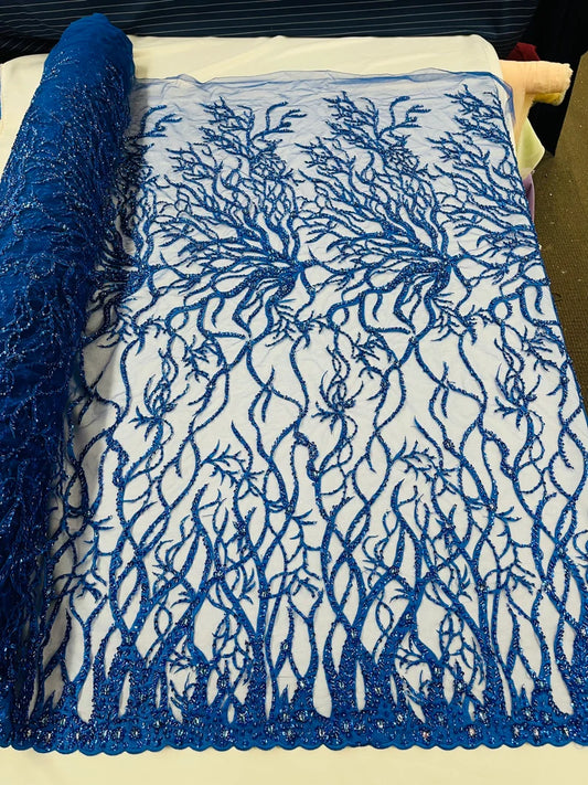 Royal blue Vine Design Embroider and heavy beading on a mesh lace-sold by the yard.