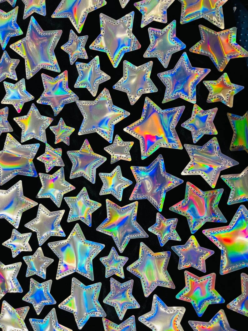 Iridescent sequin Stars On Black Stretch Velvet Fabric Sold By The Yard. Silver