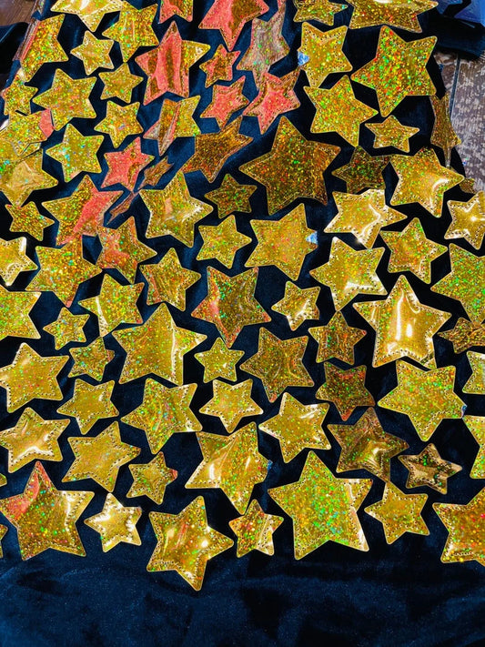 Iridescent sequin Stars On Black Stretch Velvet Fabric Sold By The Yard. Gold