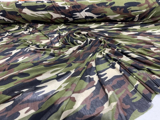 Camouflage design on a Brown power mesh 4-way stretch 58"-Sold by the yard.