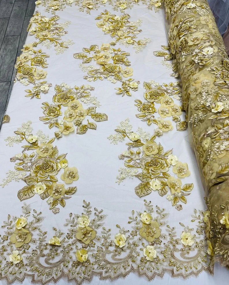 Gold 3d floral design embroider with beads and pearls on a mesh lace-prom-nightgown-sold by yard.