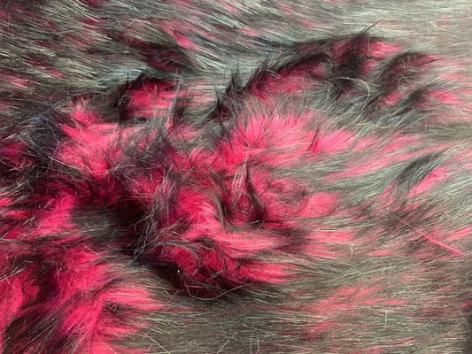 Husky Faux Fur Fabric By The Yard_ Shaggy Long Pile Fake Fur Material/ 2 TONE Fur Fuchsia/Black