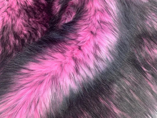 Husky Faux Fur Fabric By The Yard_ Shaggy Long Pile Fake Fur Material/ 2 TONE Fur Pink/Black