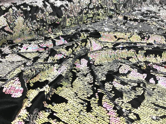 Sequins Flip Two Tone Camouflage Design on a Black Stretch Velvet, Sold by the Yard. Pink/Green