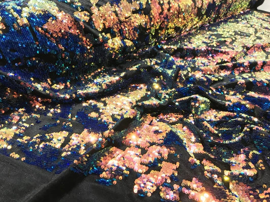 Sequins Flip Two Tone Camouflage Design on a Black Stretch Velvet, Sold by the Yard. Rainbow/Royal
