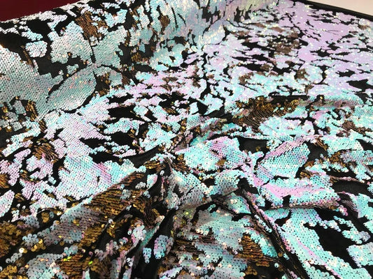 Sequins Flip Two Tone Camouflage Design on a Black Stretch Velvet, Sold by the Yard. Aqua/Pink/Gold