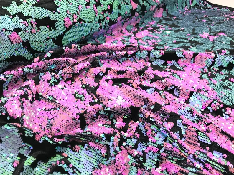 Sequins Flip Two Tone Camouflage Design on a Black Stretch Velvet, Sold by the Yard. Hot Pink/Mint