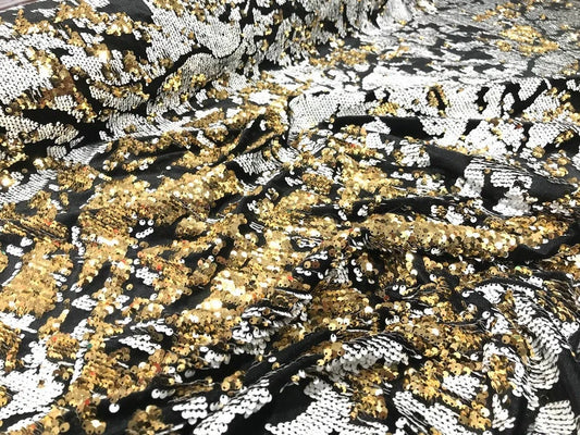 Sequins Flip Two Tone Camouflage Design on a Black Stretch Velvet, Sold by the Yard. Gold/White