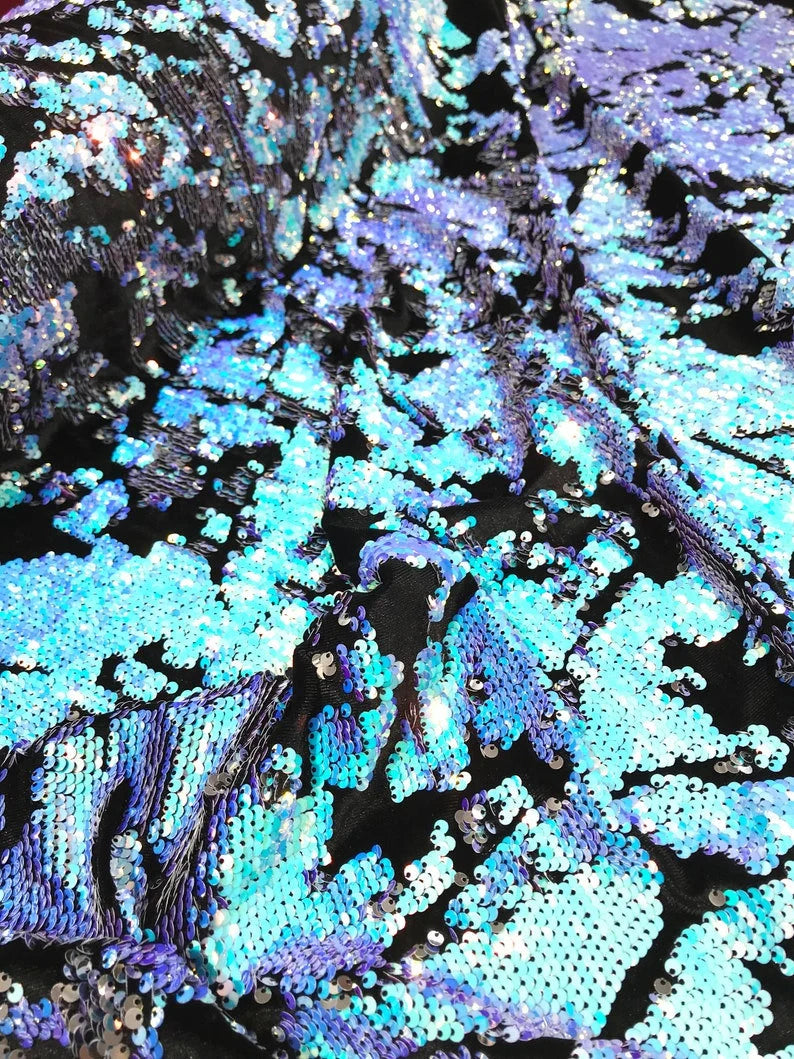 Sequins Flip Two Tone Camouflage Design on a Black Stretch Velvet, Sold by the Yard. Aqua/Silver