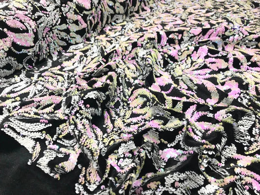 Sequins Flip Two Tone Floral Design on a Black Stretch Velvet, Sold by the Yard. Pink/White