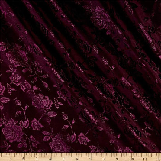 Polyester Flower Brocade Jacquard Satin Fabric, Sold By The Yard. Burgundy