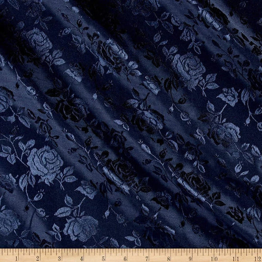 Polyester Flower Brocade Jacquard Satin Fabric, Sold By The Yard. Navy
