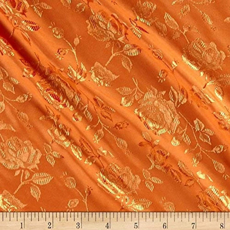 Polyester Flower Brocade Jacquard Satin Fabric, Sold By The Yard. Orange