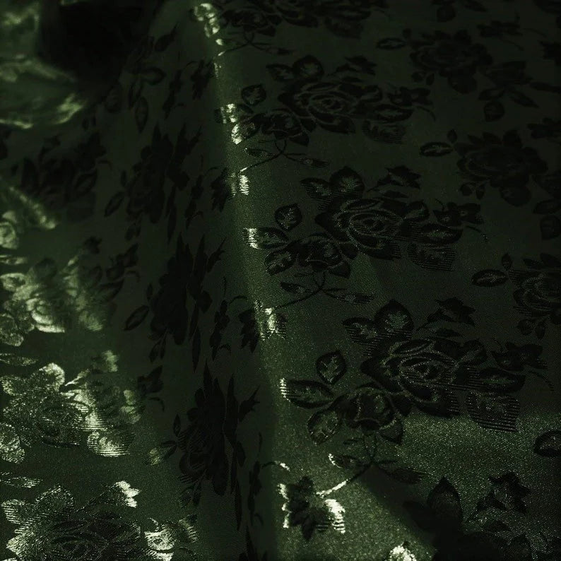 Polyester Flower Brocade Jacquard Satin Fabric, Sold By The Yard. Hunter