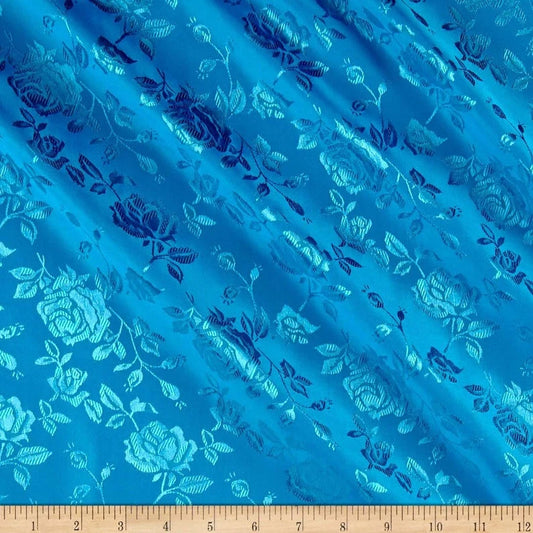 Polyester Flower Brocade Jacquard Satin Fabric, Sold By The Yard. Turquoise