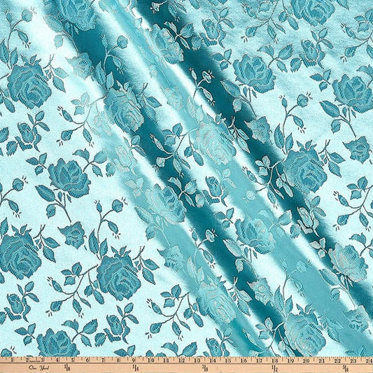 Polyester Flower Brocade Jacquard Satin Fabric, Sold By The Yard. Jade