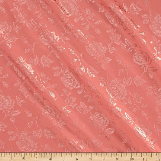 Polyester Flower Brocade Jacquard Satin Fabric, Sold By The Yard. Coral