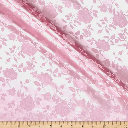Polyester Flower Brocade Jacquard Satin Fabric, Sold By The Yard. Pink