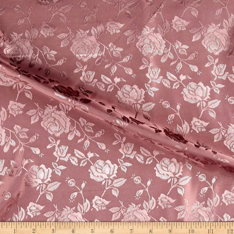 Polyester Flower Brocade Jacquard Satin Fabric, Sold By The Yard. Dusty Rose