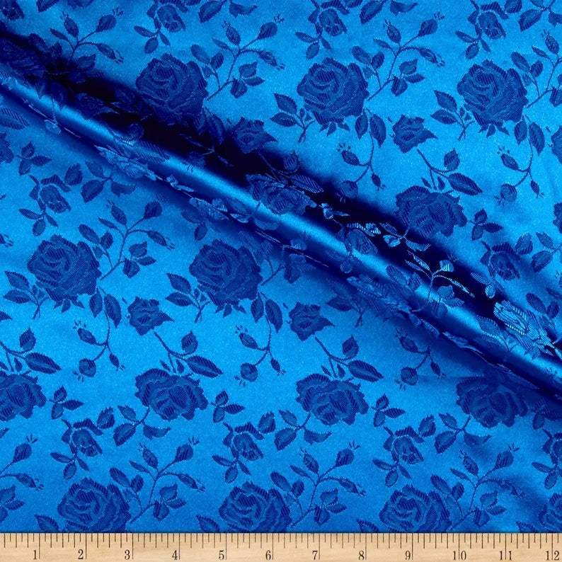 Polyester Flower Brocade Jacquard Satin Fabric, Sold By The Yard. Royal Blue