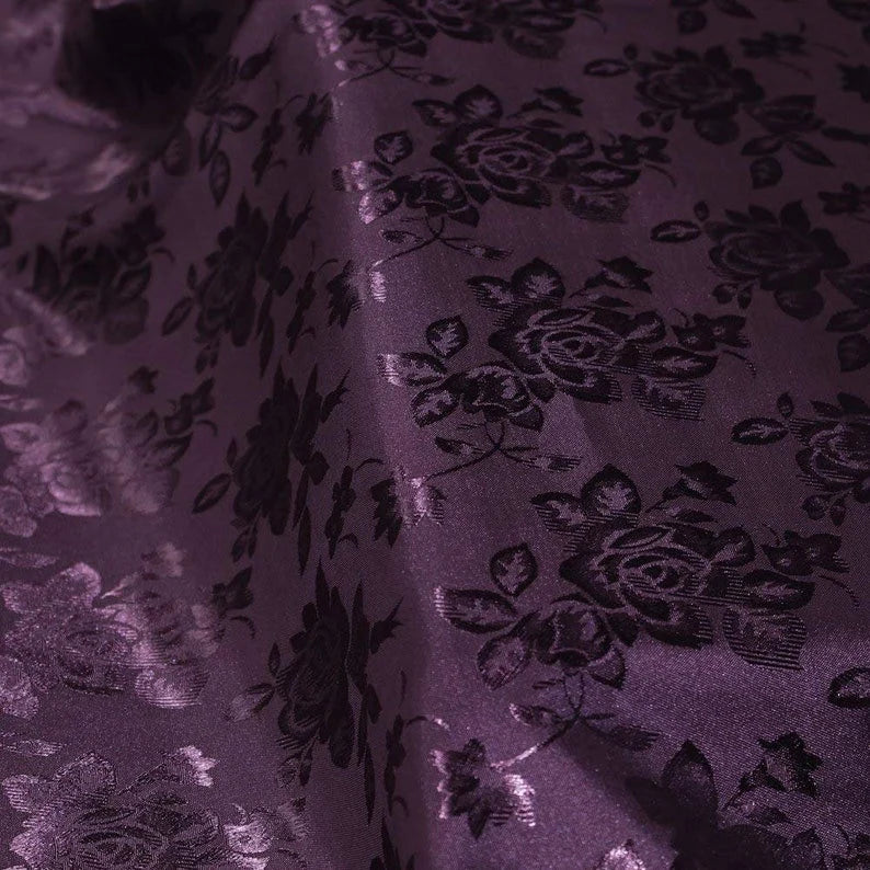 Polyester Flower Brocade Jacquard Satin Fabric, Sold By The Yard. Eggplant