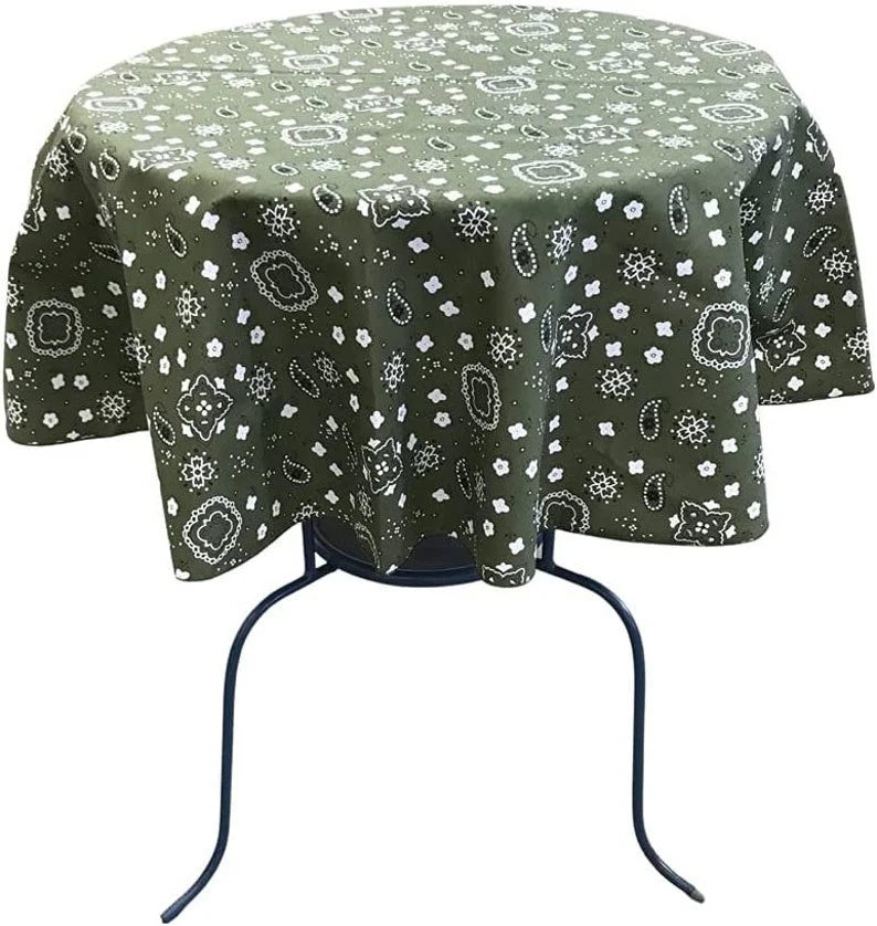 Round Print Poly Cotton Tablecloth (Bandanna Olive , Choose Size Below