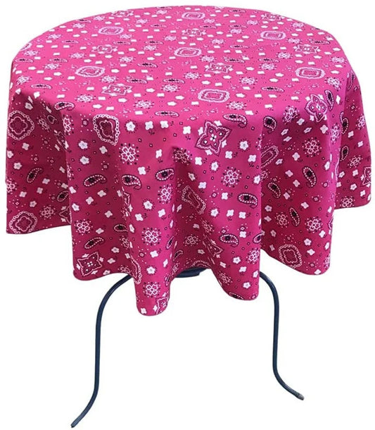 Round Print Poly Cotton Tablecloth (Bandanna Fuchsia, Choose Size Below