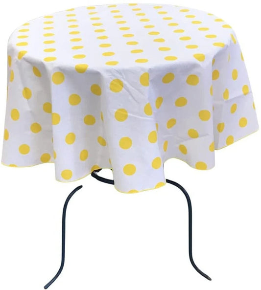 Round Poly Cotton Print Tablecloth (Polka Dot Yellow on White. Choose Size Below