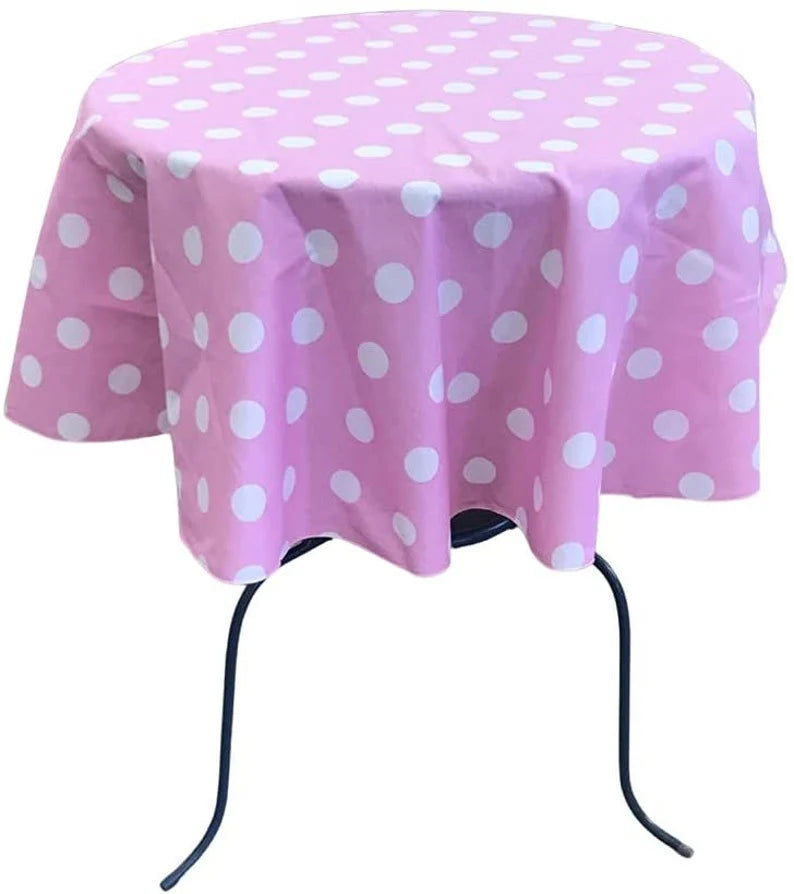 Round Poly Cotton Print Tablecloth (Polka Dot White on Pink. Choose Size Below