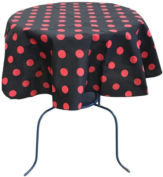 Round Poly Cotton Print Tablecloth (Polka Dot Red on Black. Choose Size Below