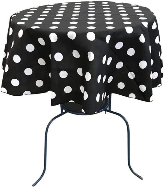 Round Poly Cotton Print Tablecloth (Polka Dot White on Black. Choose Size Below