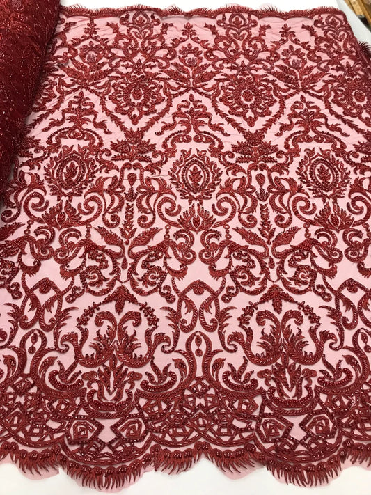 Burgundy floral damask embroider and heavy beaded on a mesh lace fabric-sold by the yard-