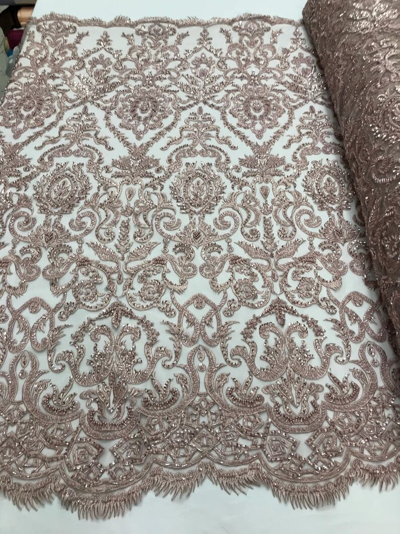 Rose Gold Floral Damask Embroider and Heavy Beaded on a Mesh Lace Fabric-Sold by the Yard-