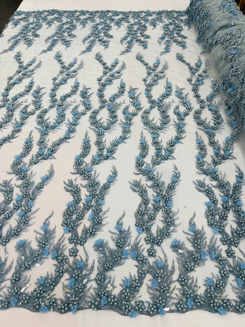 Light blue 3D floral Vine Design Embroider and heavy beading on a mesh lace-sold by the yard.