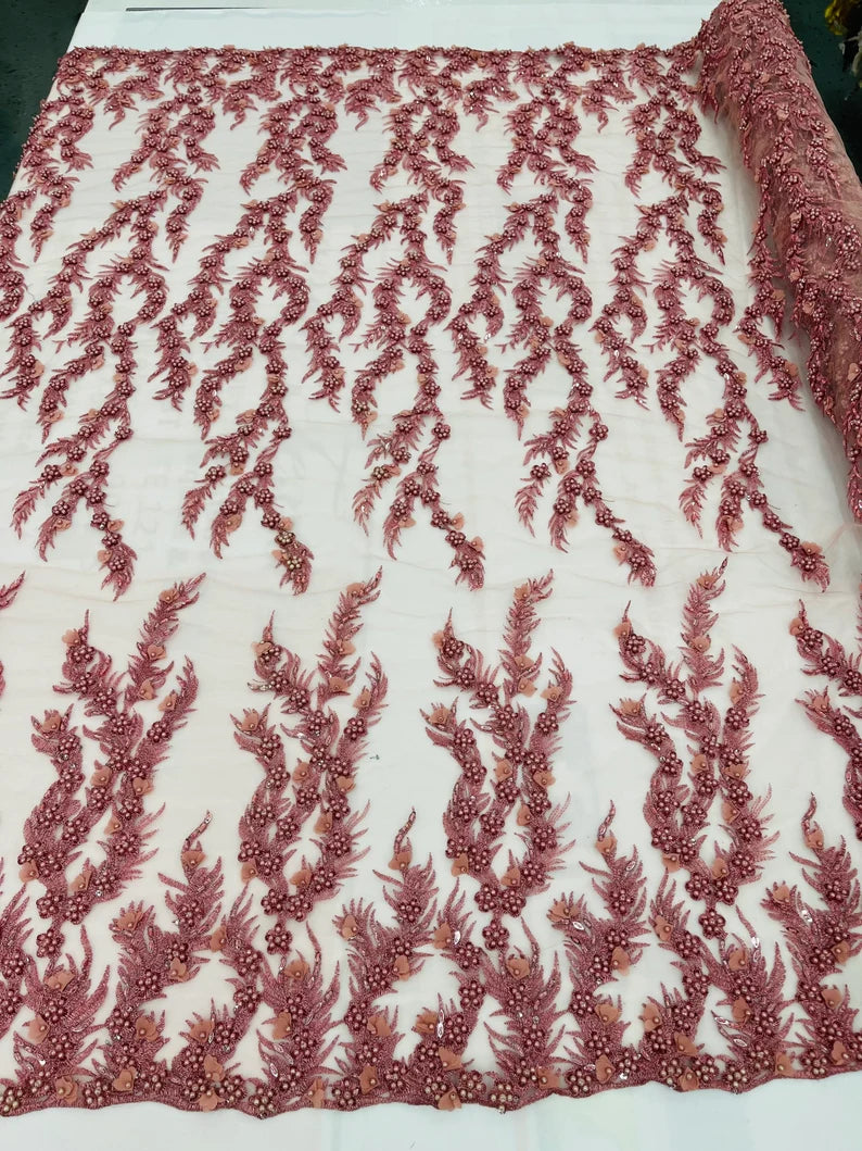 Dusty rose 3D floral Vine Design Embroider and heavy beading on a mesh lace-sold by the yard.