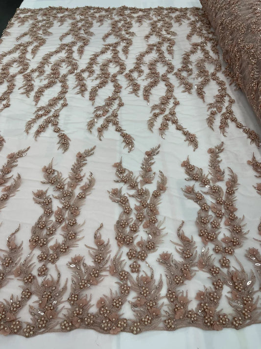 Rose gold 3D floral Vine Design Embroider and heavy beading on a mesh lace-sold by the yard.
