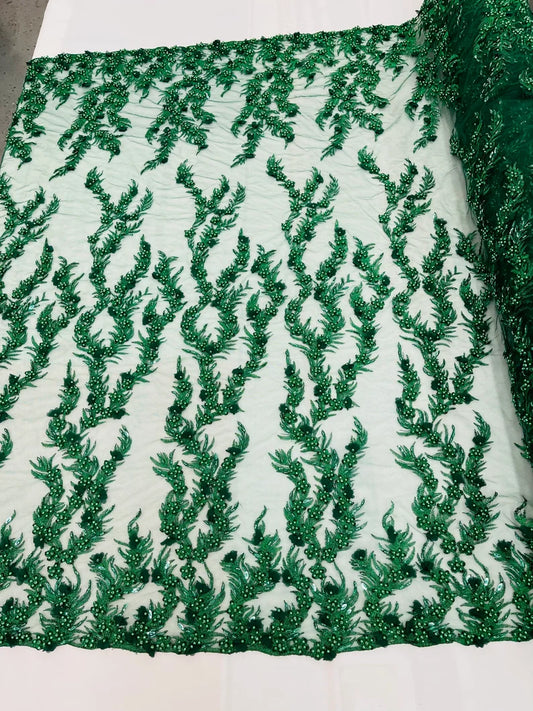 Hunter green 3D floral Vine Design Embroider and heavy beading on a mesh lace-sold by the yard.