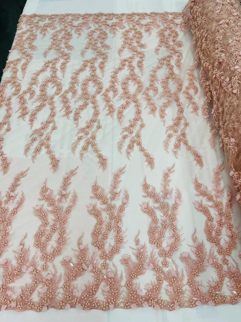 Blush pink 3D floral Vine Design Embroider and heavy beading on a mesh lace-sold by the yard.