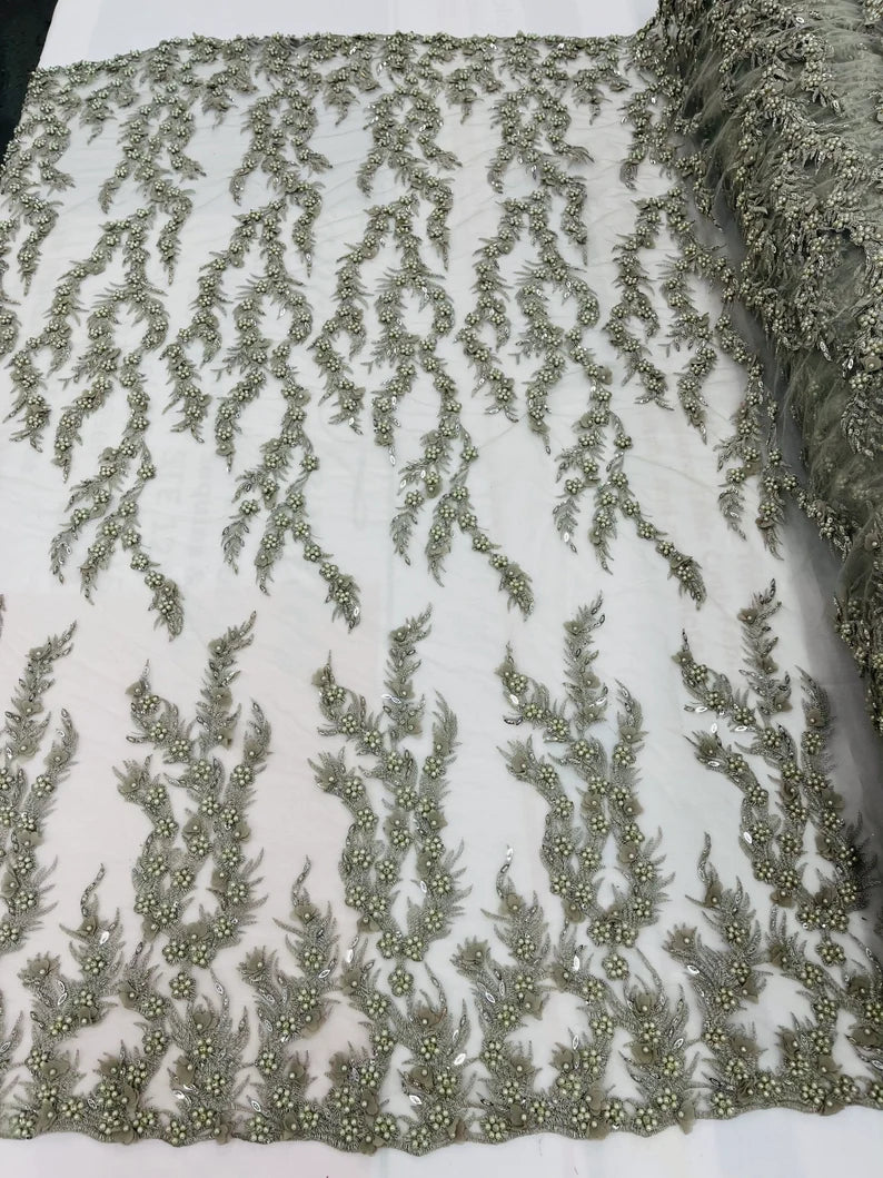 Silver 3D floral Vine Design Embroider and heavy beading on a mesh lace-sold by the yard.