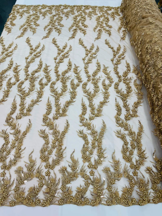 Gold 3D floral Vine Design Embroider and heavy beading on a mesh lace-sold by the yard.