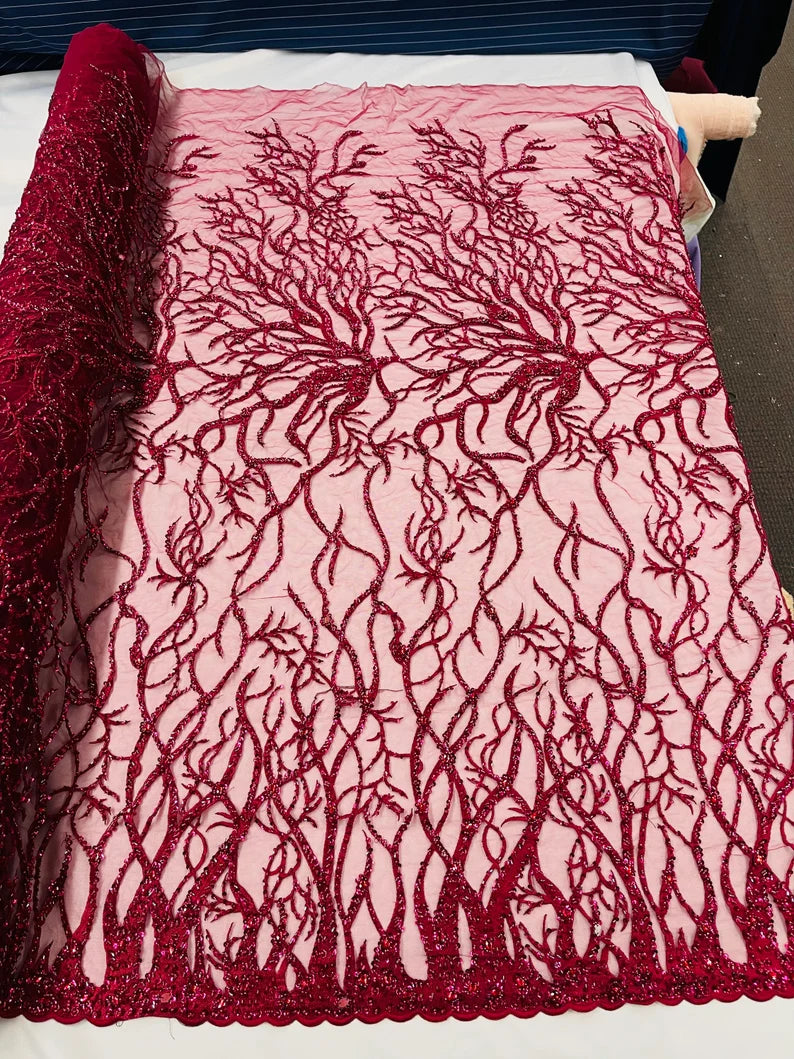 Burgundy Vine Design Embroider and heavy beading on a mesh lace-sold by the yard.