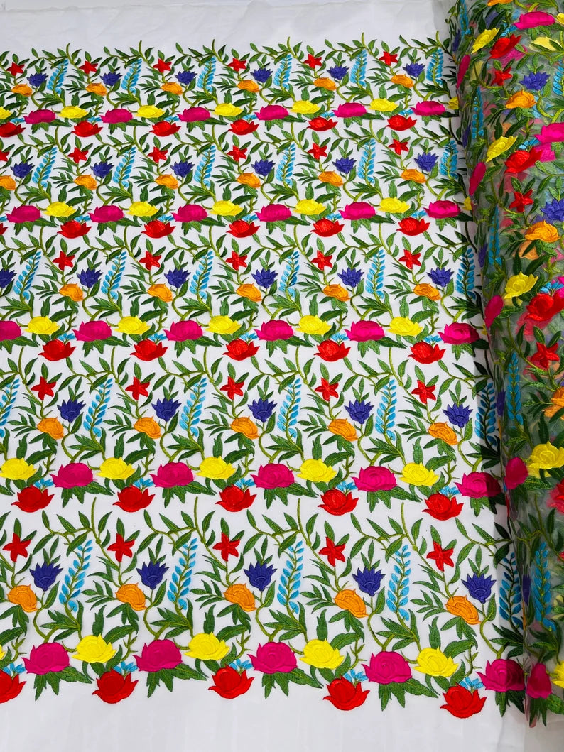 Multi Color Mexican Sarape Floral Design Embroider on a Ivory Mesh Lace-Sold by the Yard.