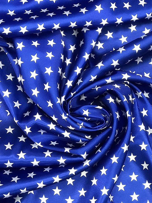 Patriotic White Stars ON Royal Blue Satin Fabric by the Yard