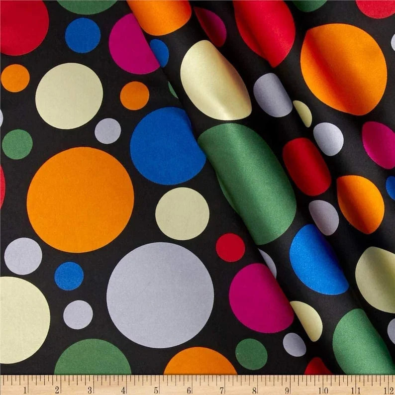 60" Wide 100% Polyester Multi Color Polka Dot Soft Charmeuse Satin Fabric (Multi Color Dot on Black, 1 Yard)