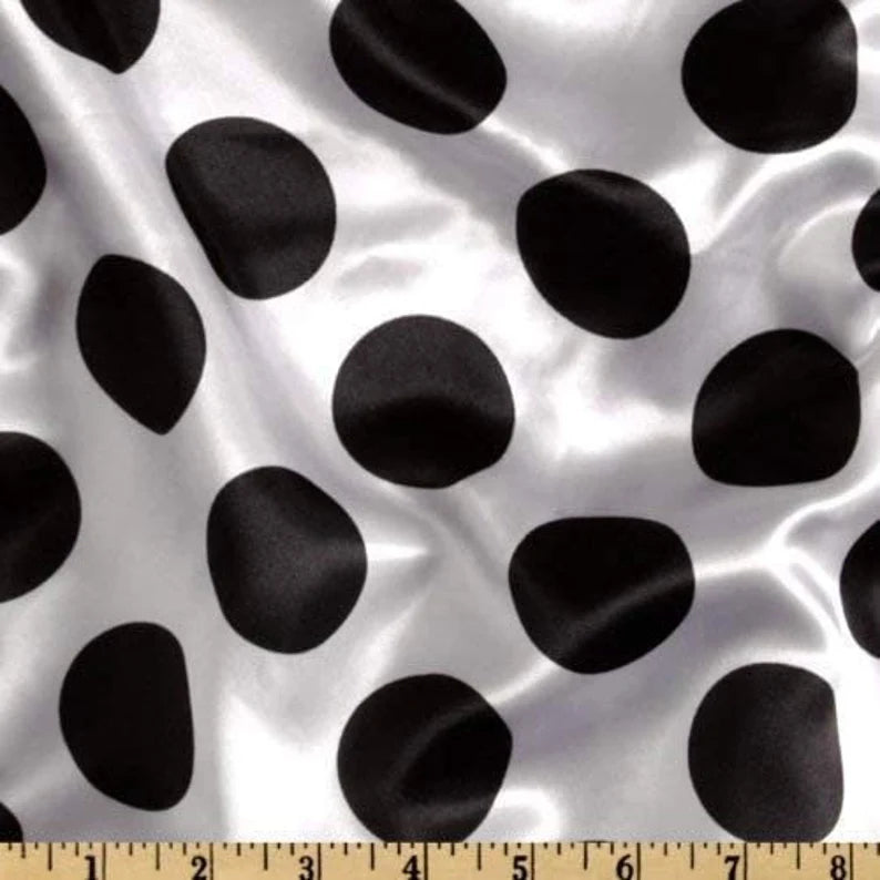 60" Wide - 1 1/2" Dot - Charmeuse Satin Polka Dot Fabric (Black Dot on White, 1 Yard)