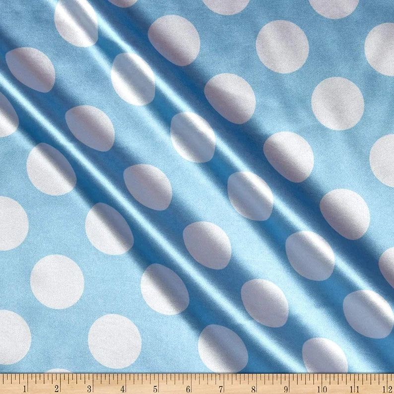 60" Wide - 1 1/2" Dot - Charmeuse Satin Polka Dot Fabric (White Dot on Baby Blue, 1 Yard)