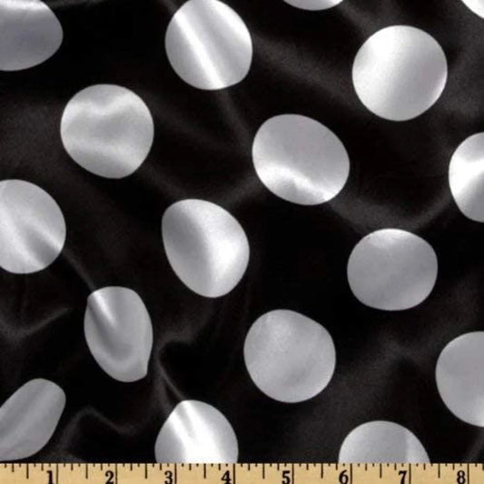 60" Wide - 1 1/2" Dot - Charmeuse Satin Polka Dot Fabric (White dot on Black, 1 Yard)