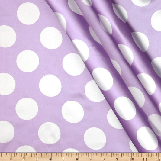 60" Wide - 1 1/2" Dot - Charmeuse Satin Polka Dot Fabric (White Dot on Lilac, 1 Yard)