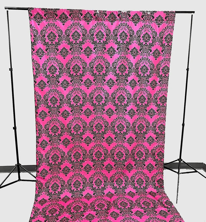 Damask Flocking Taffeta Backdrop Drape Curtain Panel, Set of 1, - (Black on Fuchsia, Choose Color Below