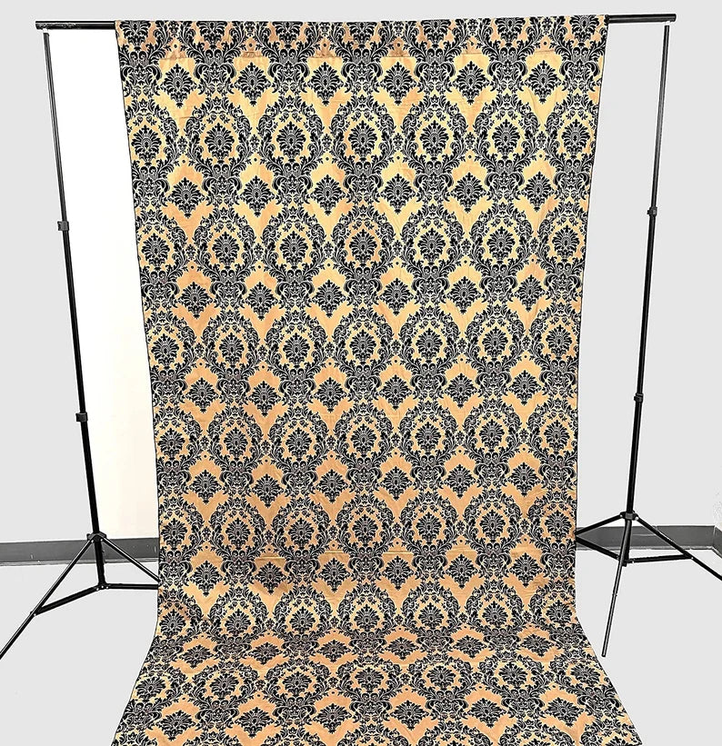 Damask Flocking Taffeta Backdrop Drape Curtain Panel, Set of 1, - (Black on Gold, Choose Color Below